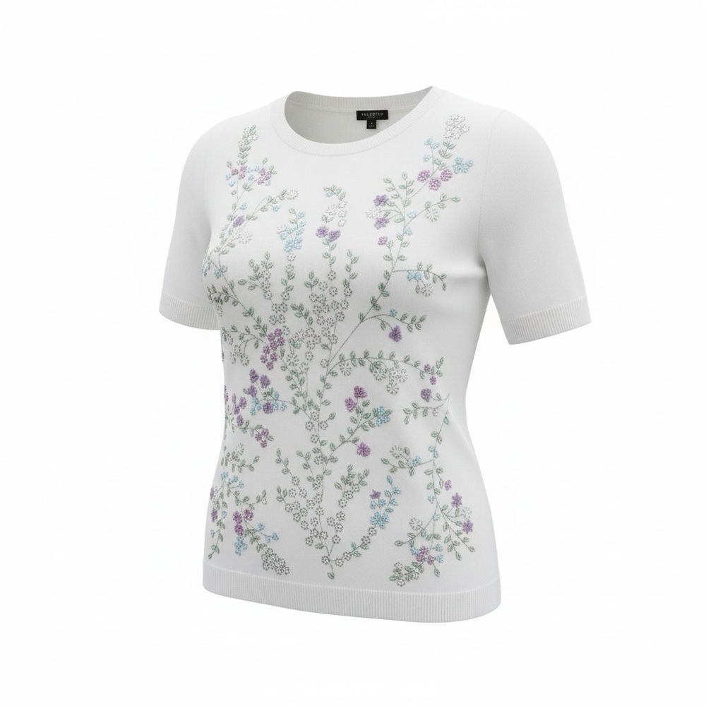 Talbots Ivory Knit Top Floral Embroidery and Beads 1X Pastel Grandma Core